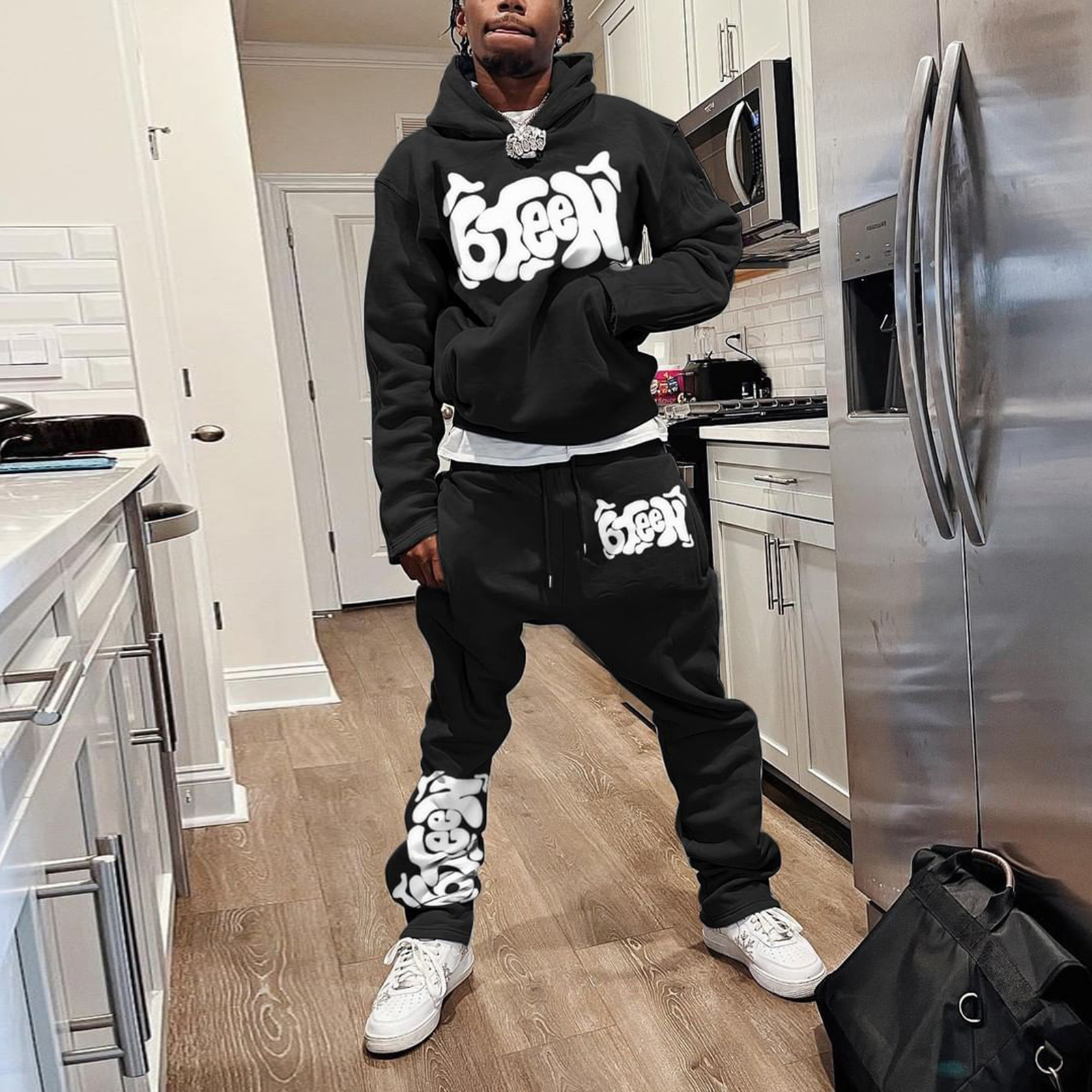 Contrast Letter Print Casual Hoodie + Trousers Men'S Suit