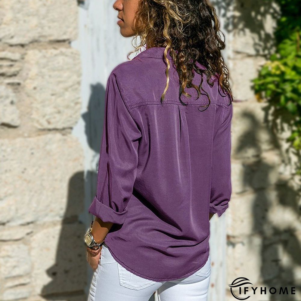 Women Fashion Turn Down Collar Solid  V Neck Long Sleeve Blouse | IFYHOME