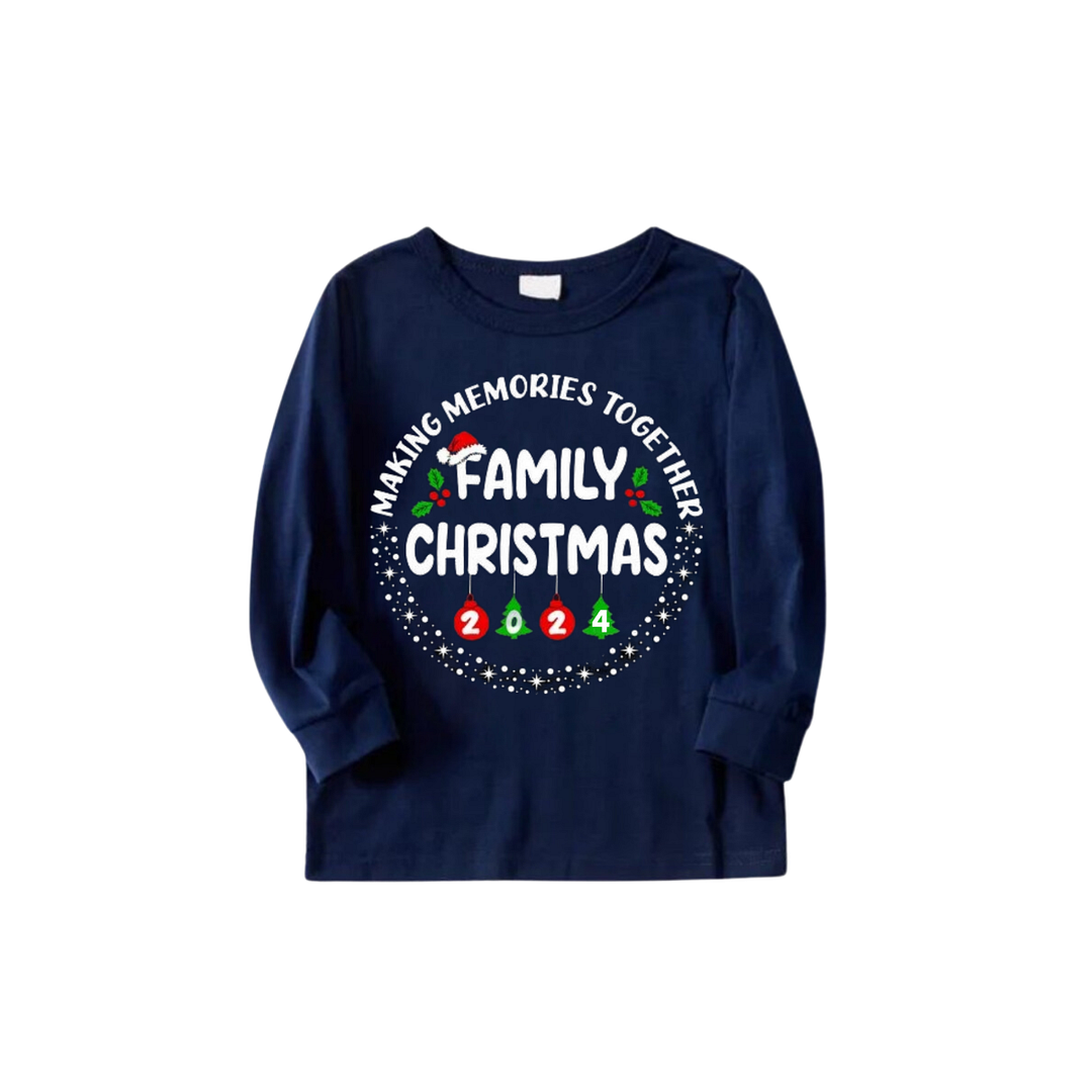 "Making Memories Together Family Christmas 2024" Text Prints Blue Long Sleeves Top with Red and Blue Plaid Pants Christmas Matching Pajamas