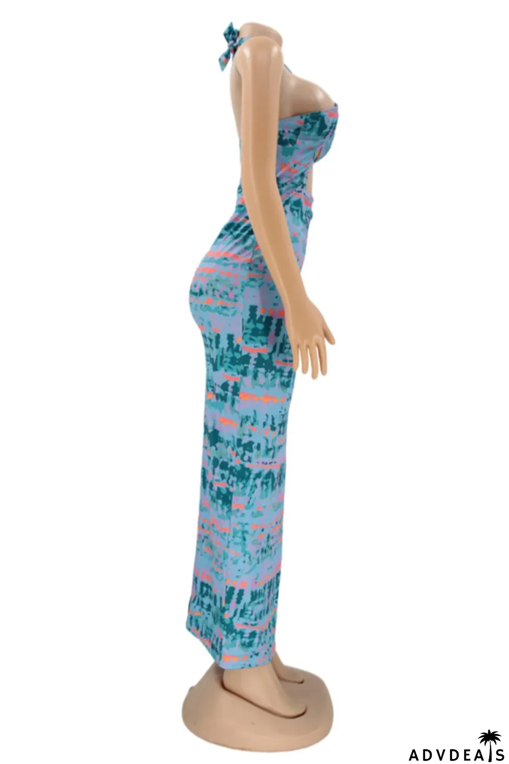 Blue Fashion Sexy Print Hollowed Out Backless Strapless Sleeveless Dress