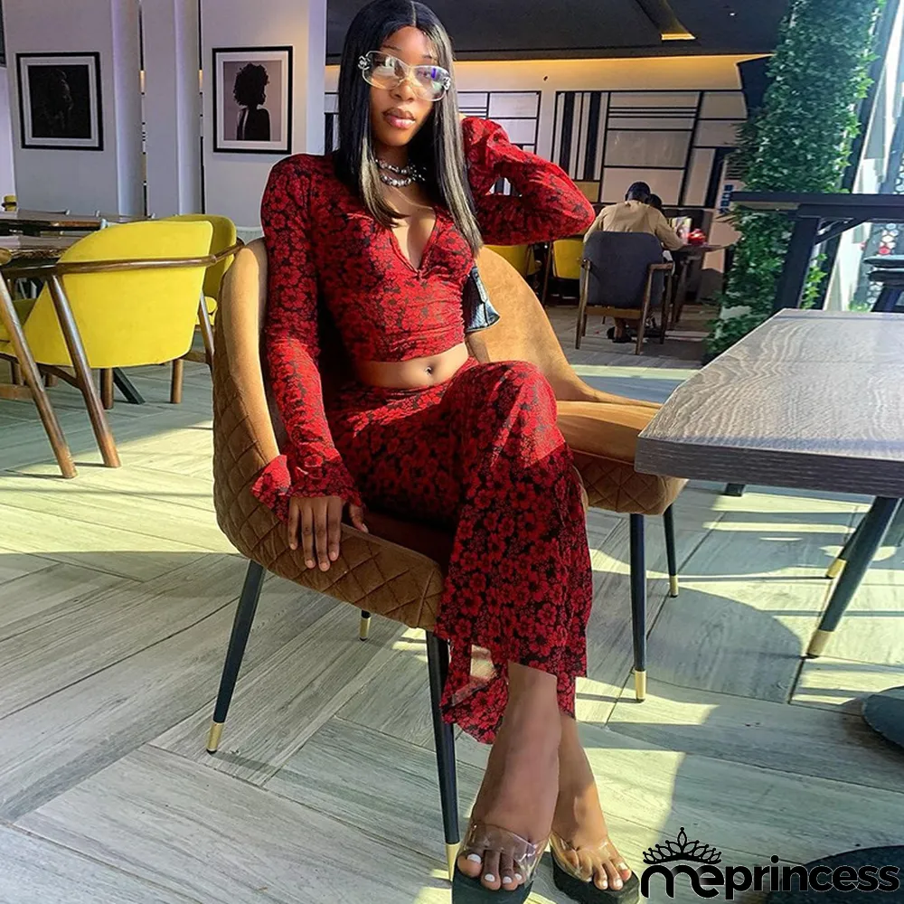 Fashion Print Sexy Deep V Long Sleeve Crop Top Bodycon Skirt Two-Piece Set