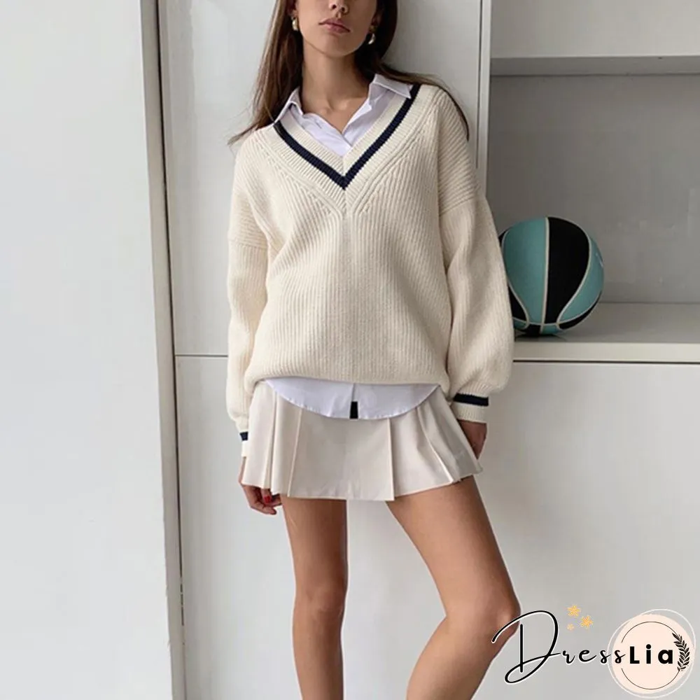 V-Neck Long Sleeve College Style Sweater Women