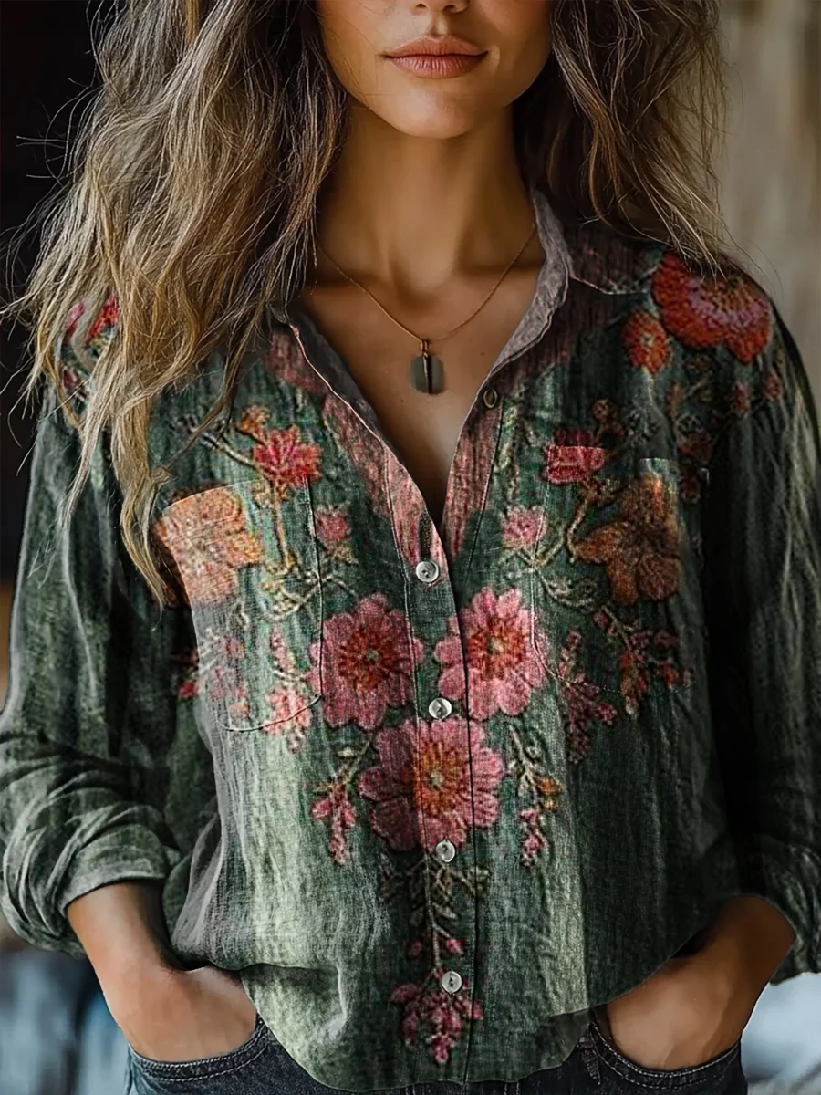 Women's Vintage Floral Pattern Art Print Casual Long Sleeve Comfortable Cotton Shirt