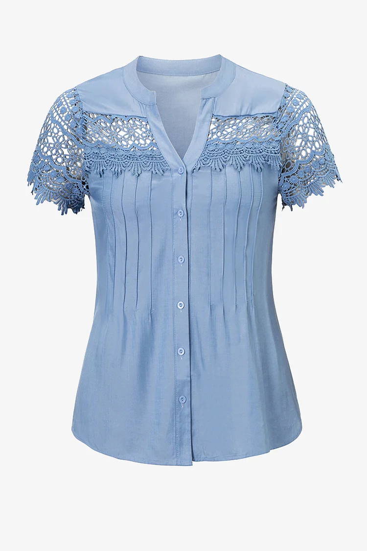 Plus Size Lace Stitching Crinkle Chest Button Up Blouses  Flycurvy [product_label]