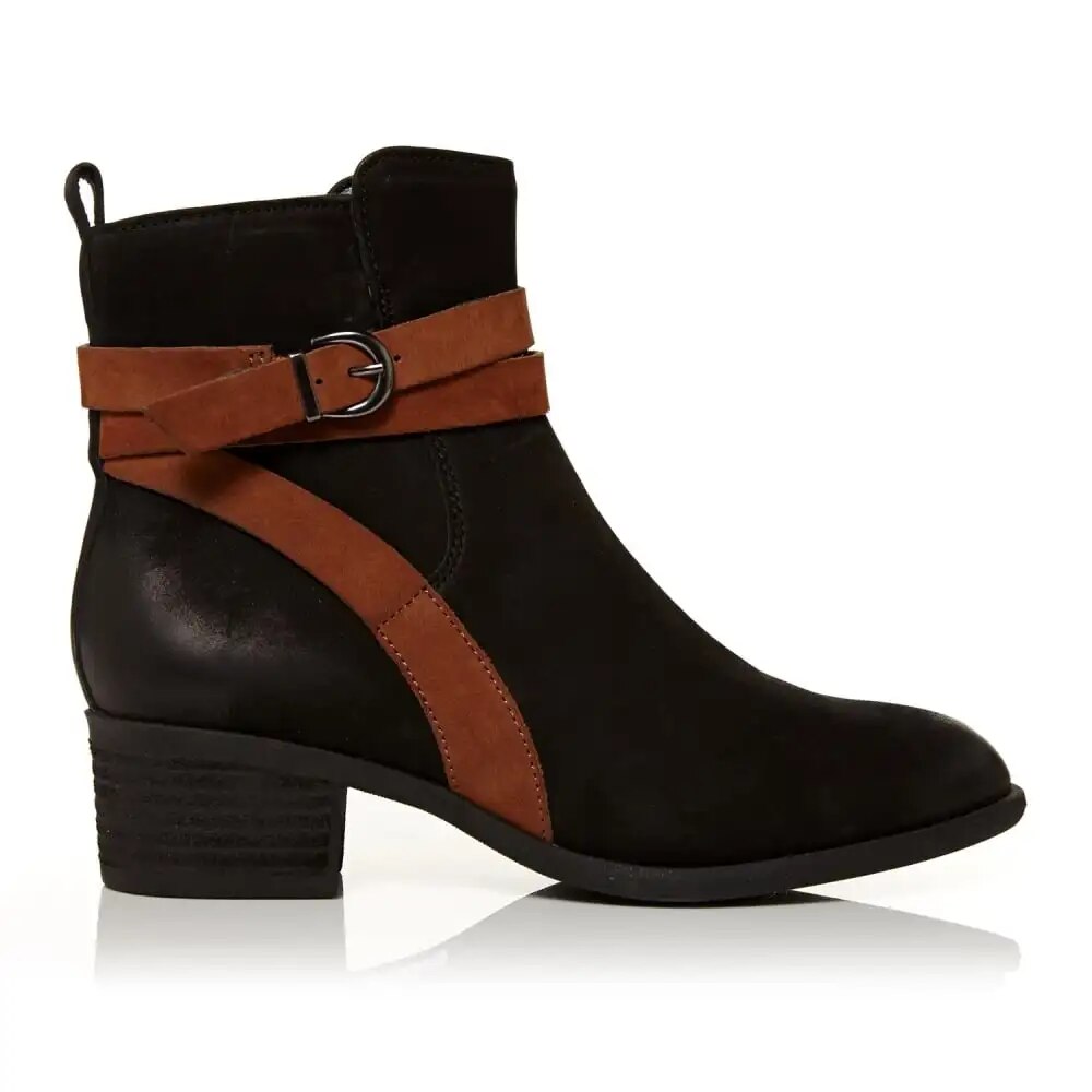 TAAFO Round Toe Suede Block Heel Ankle Boots Color-Block Square Buckle Booties Booties