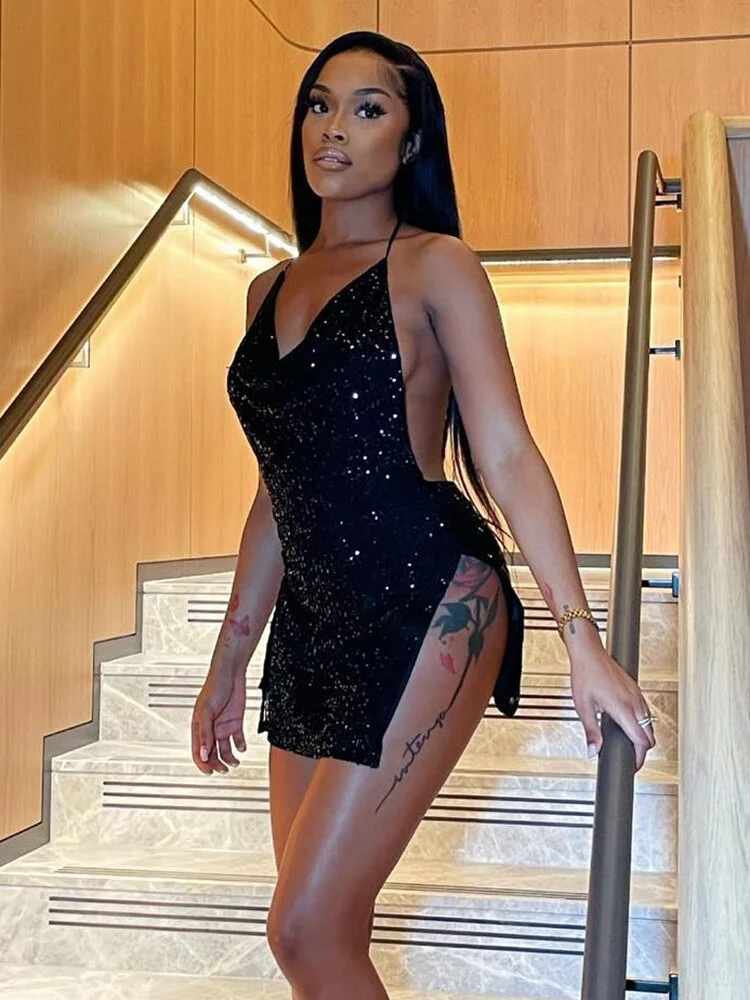 2023 Sequined Swing Collar Halter Sleeveless Backless Slit Lace Up  Slim Mini Dress Fall Fashion Festival Party