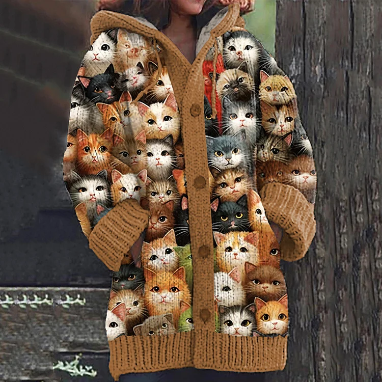 Retro Kittens Cozy Hooded Knit Sweater