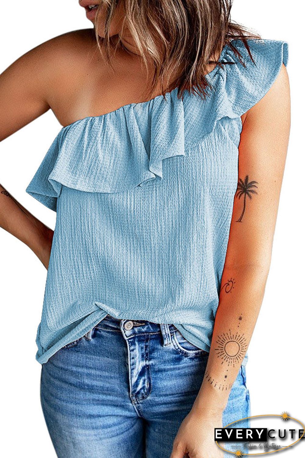 Sky Blue Ruffle One Shoulder Crinkle Tank