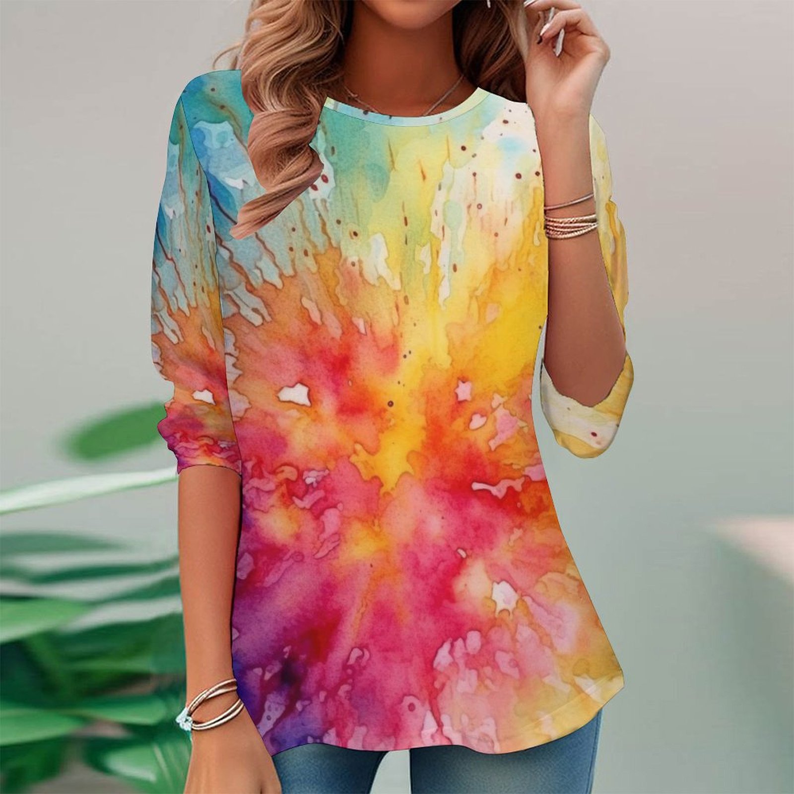 Women Long Sleeve V-neck Graphic Floral Printed Top
