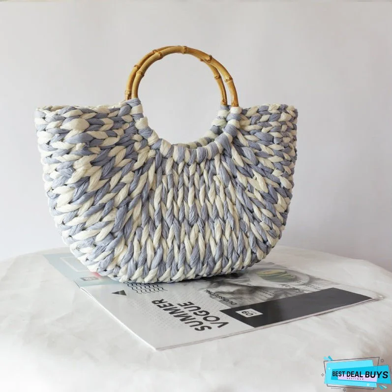 Blue and White Straw Woven Bag Women's Bag