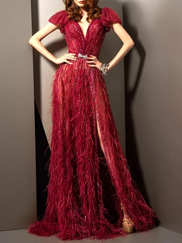 Red Feather Sequin Beaded Slit Maxi Dress