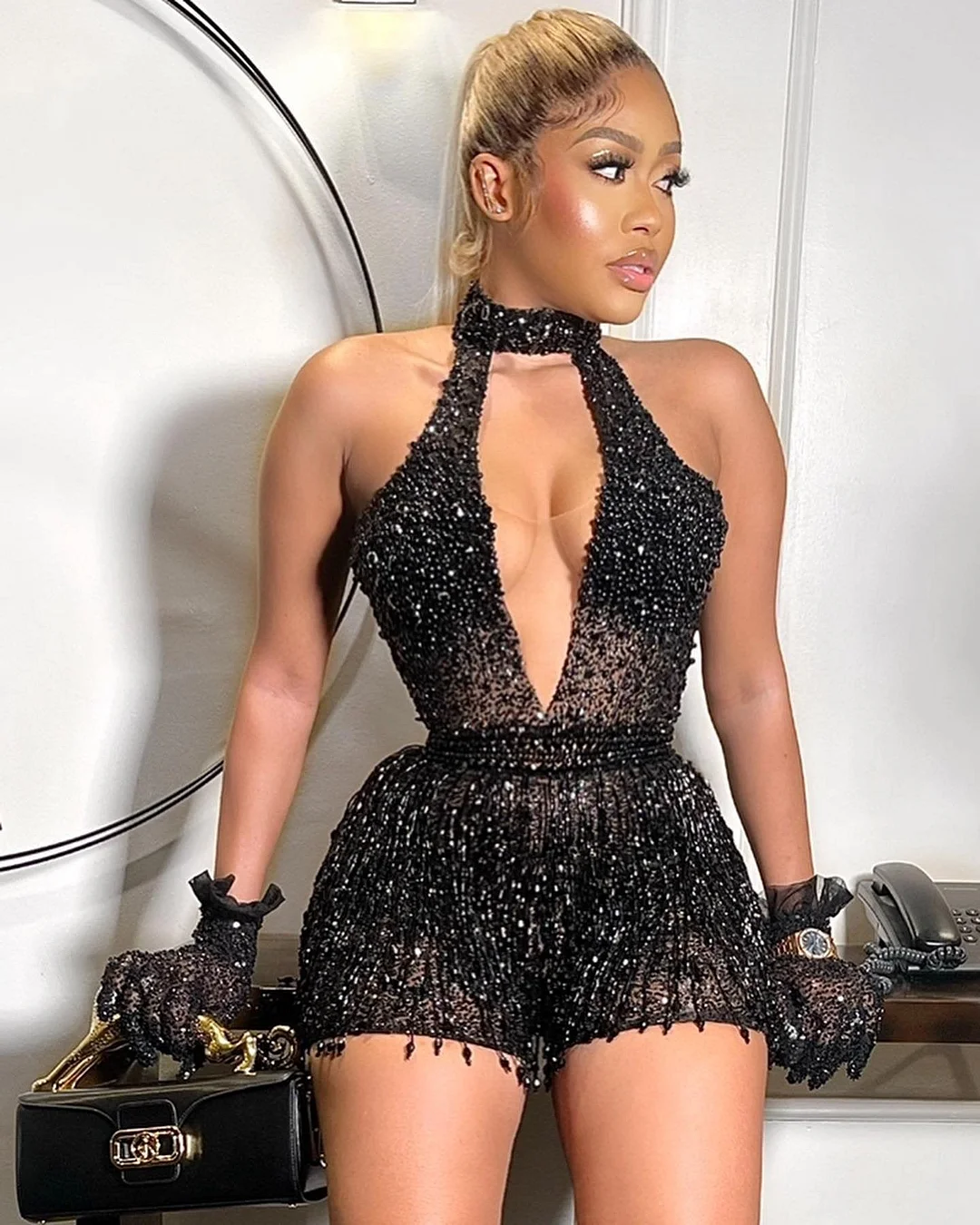 Halter neck sexy low cut rhinestone tassel jumpsuit-zachics