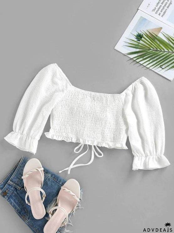 Crinkle Cinched Poet Sleeve Smocked Back Blouse