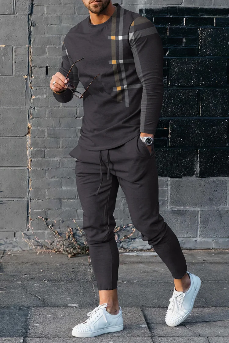 Irregular Stripes Contrasting Colors T-Shirt And Pants Two Piece Set