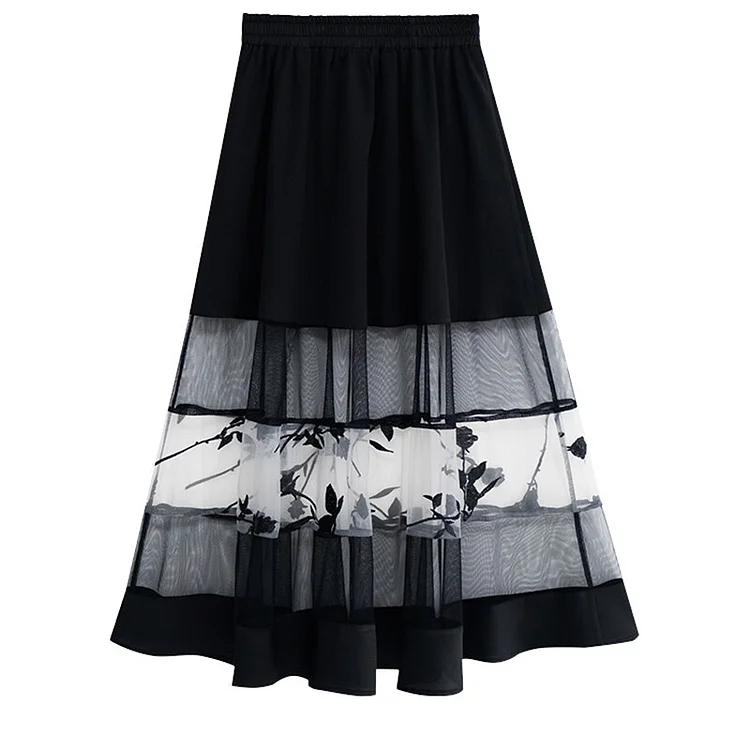 Chic Mesh Perspective Embroidery Patchwork Elastic Waist Skirt 