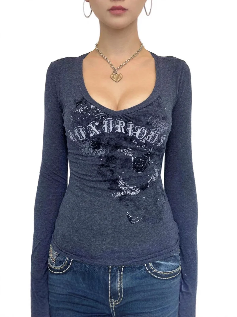 Athvotar Athvotar Old Letter Print Knitting V-Neck T-Shirt For Women's New Knitted Long-Sleeved Top