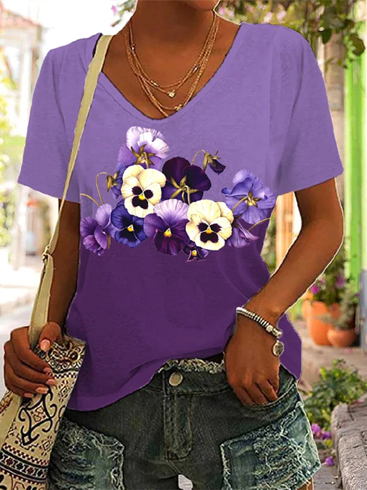 Comstylish Women's Purple Floral Color Block Printed Casual T-shirt