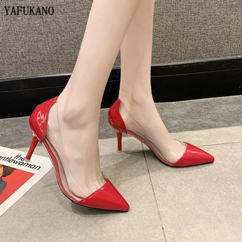 Canrulo Women Pumps 2022 New 8cm Transparent High Heels Sexy Pointed Toe Slip-on Red Wedding Party Shoes for Lady