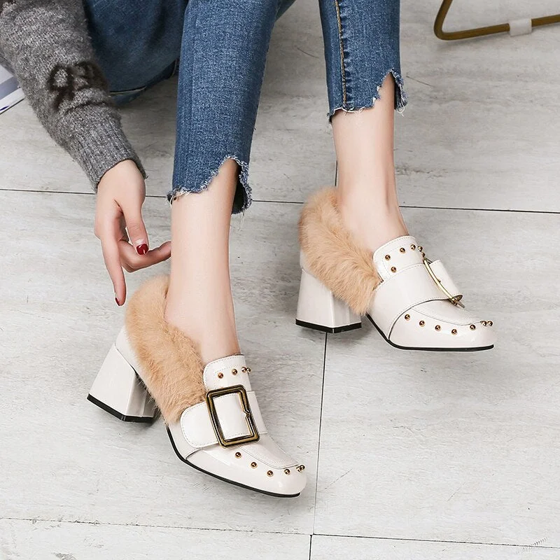 Women High Heel Casual Shoes Fashion Fur Decoration Rivet Pumps Buckle Office Ladies Shoes Warm Women Party Wedding Fur Shoes