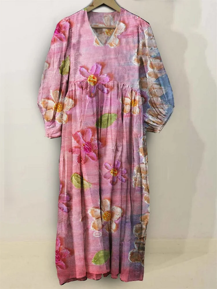 Flowers Print Pocket V-neck Cotton Dress