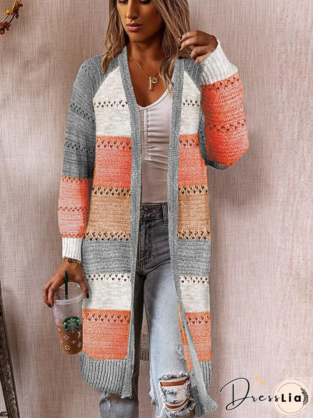 Knitted Long Sleeve Knee Length Open Front Sweater Cardigan