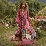 Women's Vintage Floral Art Print V-neck Long Sleeve Maxi Dress - Image 2