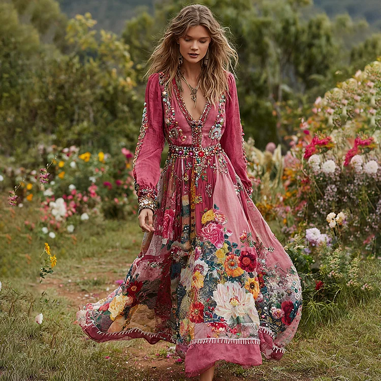Women's Vintage Floral Art Print V-neck Long Sleeve Maxi Dress