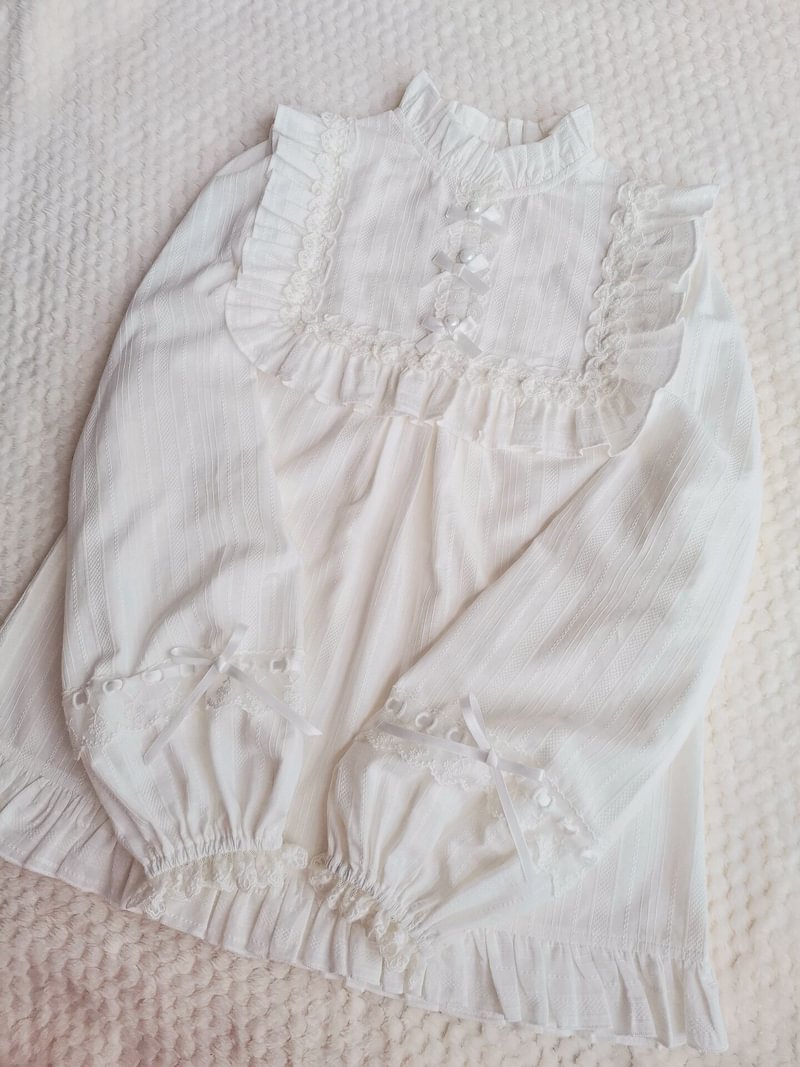 White Shirt Cotton Long Sleeve Pleated Girls Top Novameme