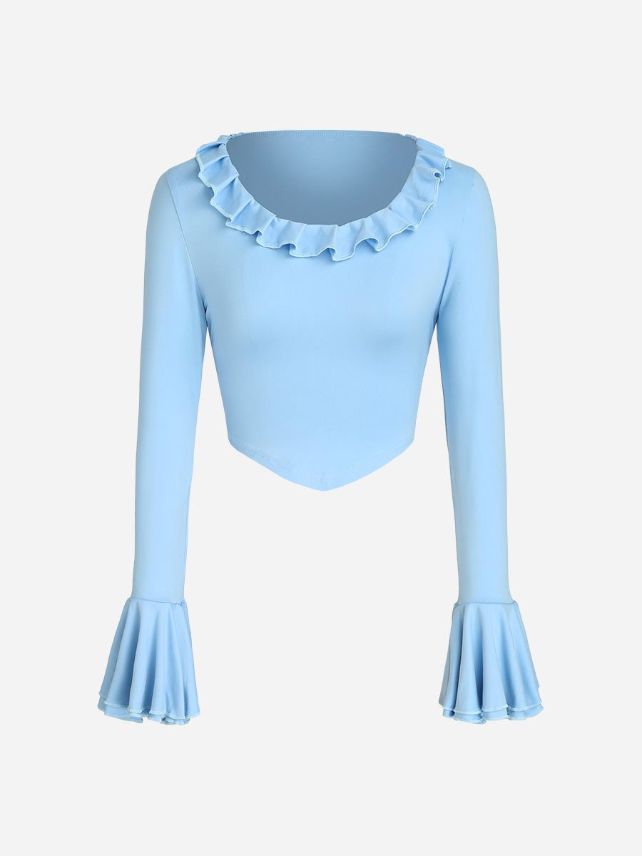 U Neck Flounce Sleeve Ruffles T-Shirts