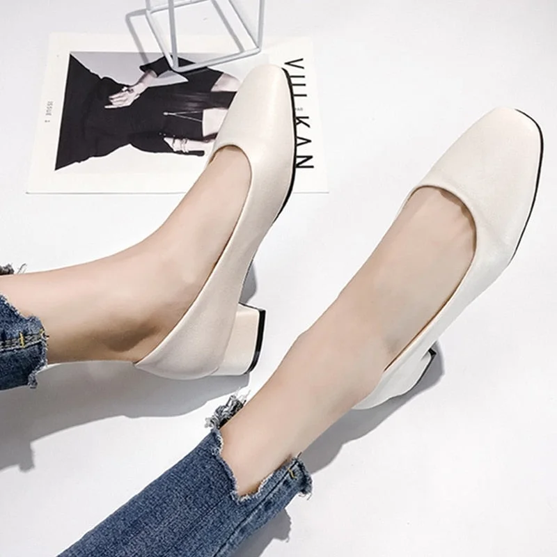 Women Loafers Simple PU Leather Slip-on Shoes Round Toe Mid Heel Ladies Party Student Shoes Pumps Moccasins chaussures femme