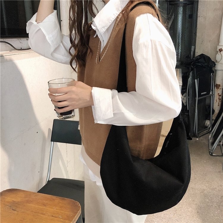 Women Canvas Messenger Bag Large Capacity Shoulder Bag Simple Zipper Semicircle Shape Cloth Purses Ladies Cotton Crossbody Bags US Mall Lifes