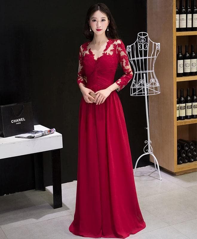 Burgundy Chiffon Lace Long Prom Dress, Bridesmaid Dress