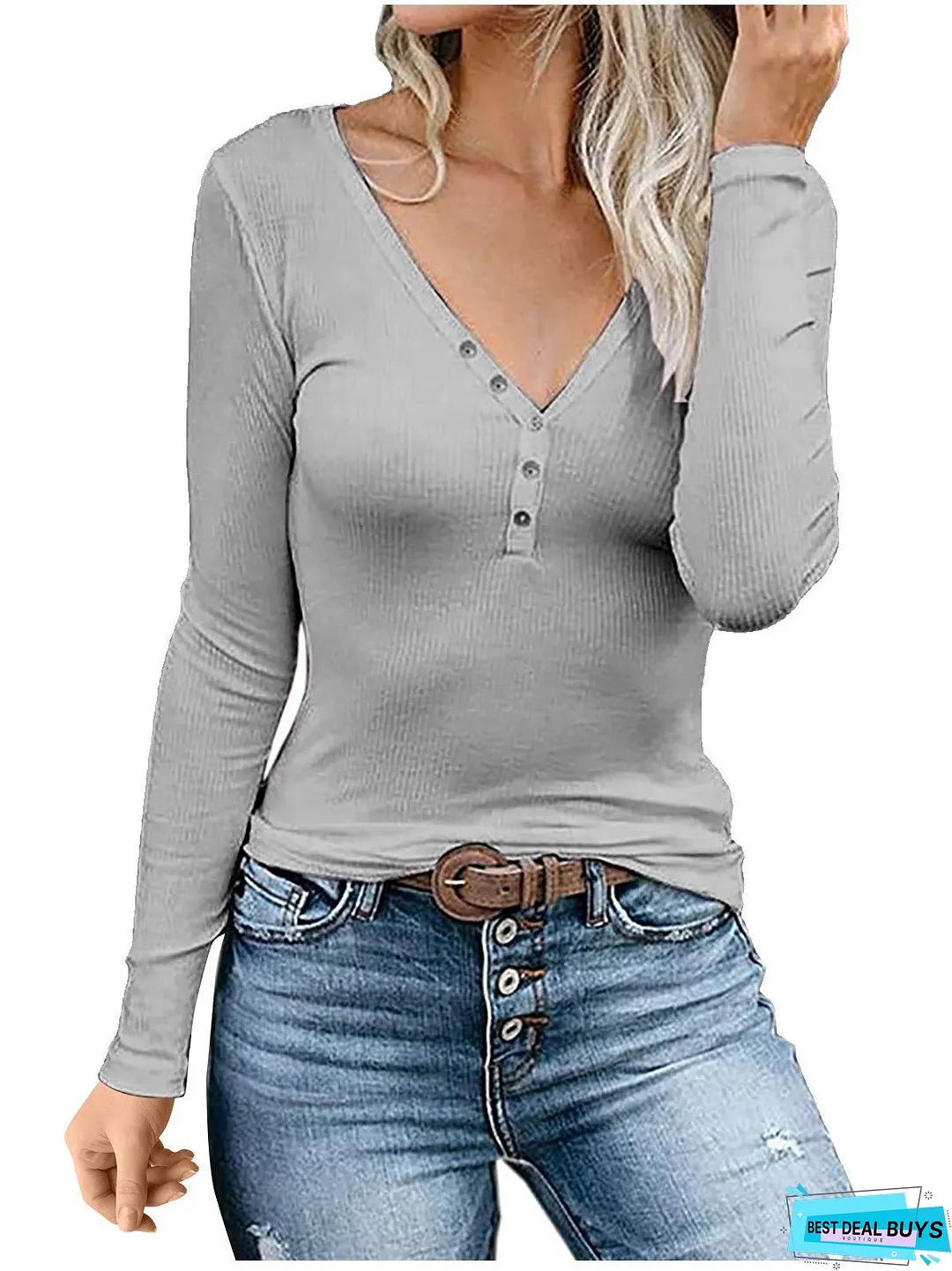 Elegant Patch Pullover Long Sleeve V-Neck Slim Fit Women's T-Shirt