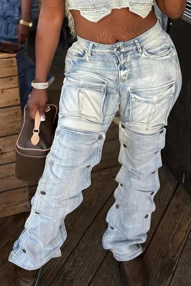 Denim Straight Leg Pockets Button Up Overlay Design Casual Jeans-LightBlue