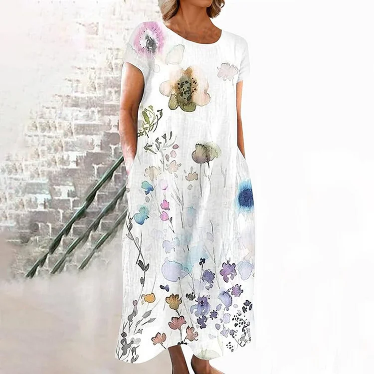 VChics Retro Floral Japanese Linen Flowy Midi Dress