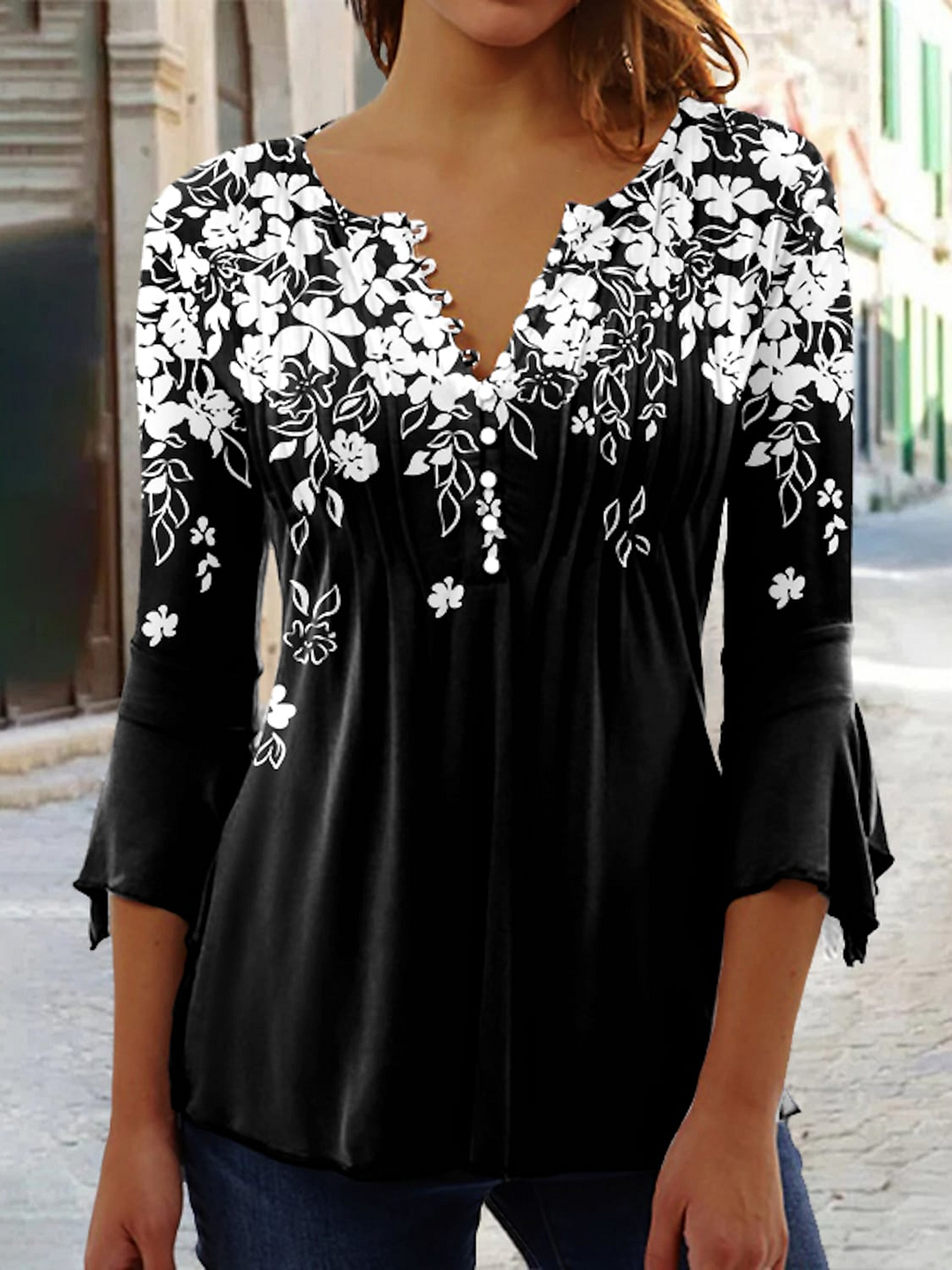 V Neck Casual Loose Floral Top