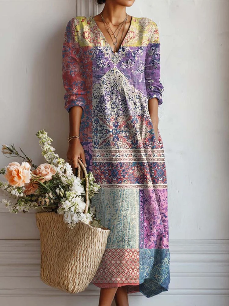 Women's Vintage Floral Art Print Casual Cotton And Linen Pocket Dress