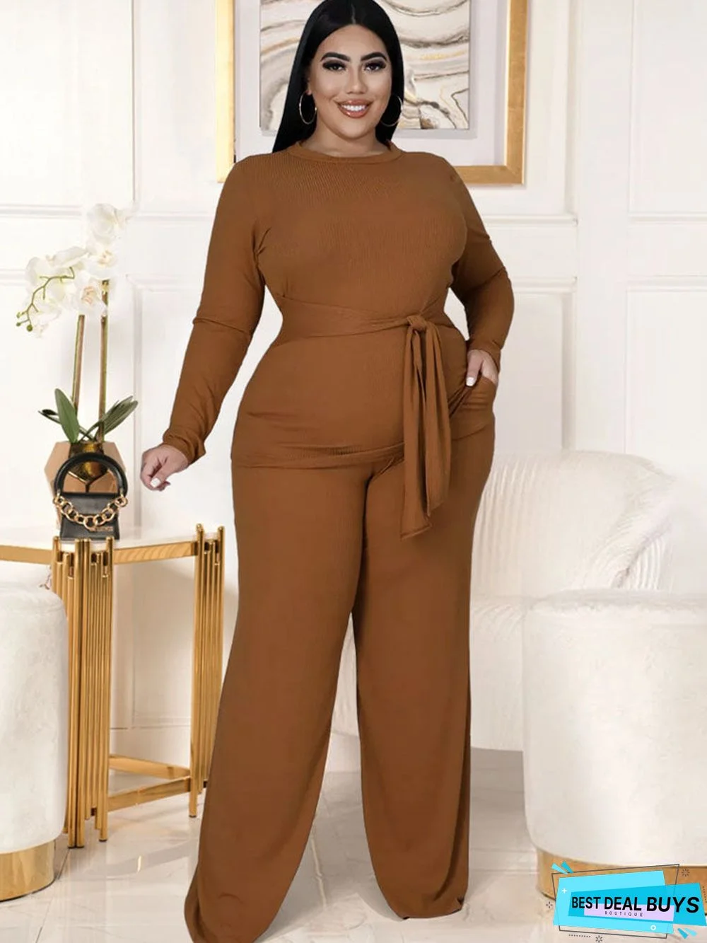 Plus Size Two Piece Crop Top Wide Leg Pants