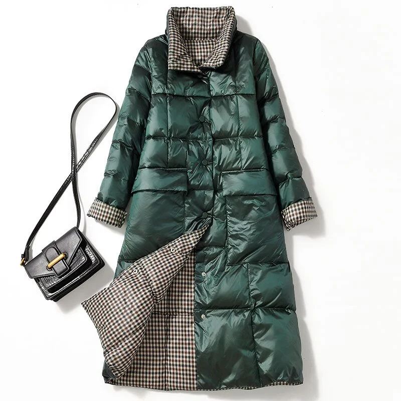 FTLZZ Women Double Sided Down Long Jacket Winter Stand Collar 90% White Duck Down Coat Single Breasted Thick Warm Snow Outwear