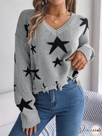 Star Pattern Distressed V-Neck Cropped Sweater