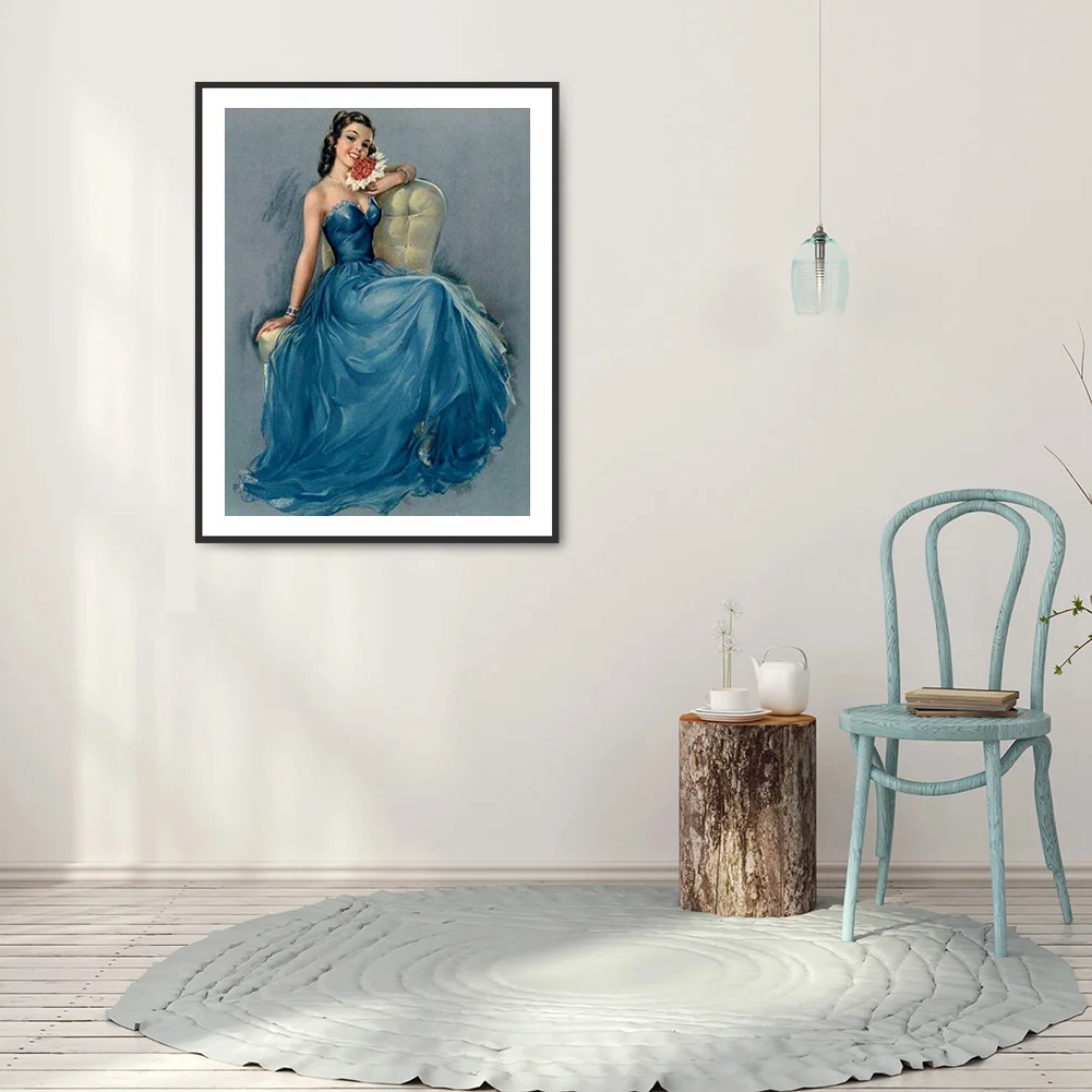 Full Round Diamond Painting 30*40cm - Woman In Blue Dress