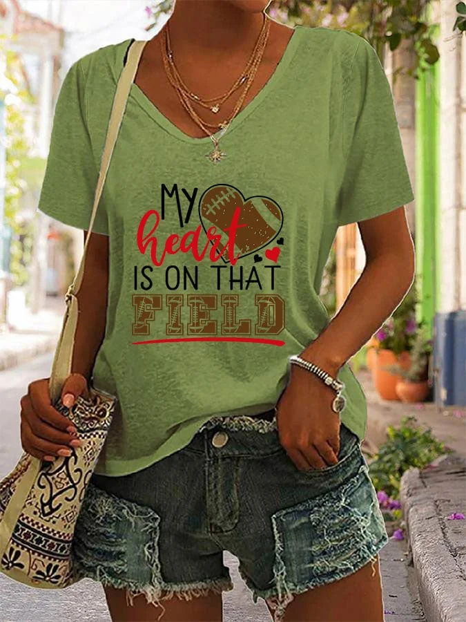 Women's My Heart Is On That Field Football Print Casual T-Shirt socialshop