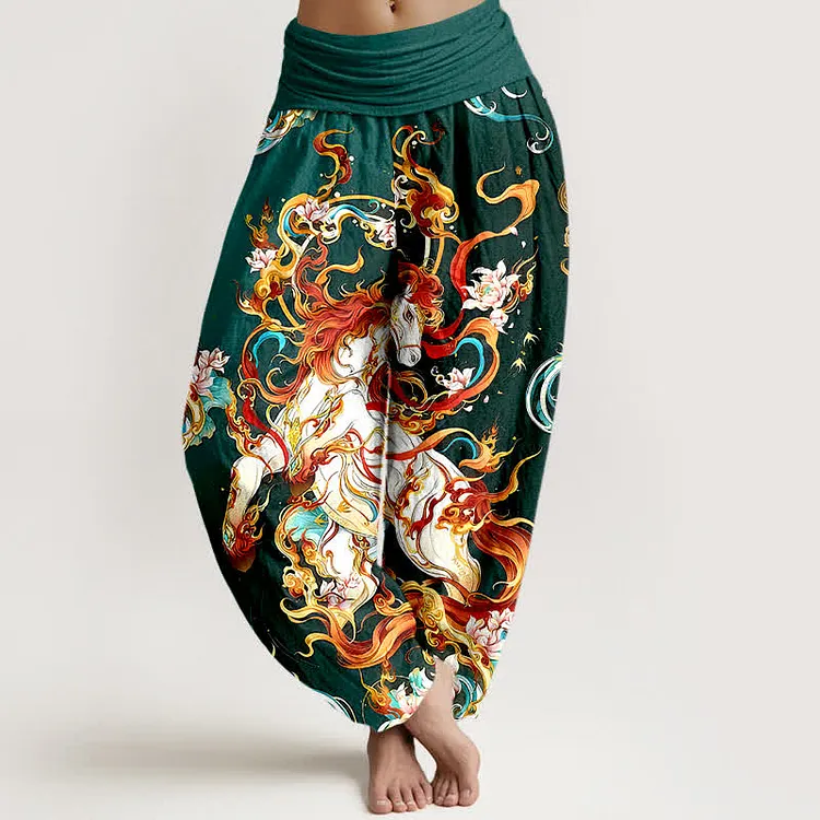 Cotton Mythical Phoenix Flame Pattern Women's Elastic Waist Harem Pants