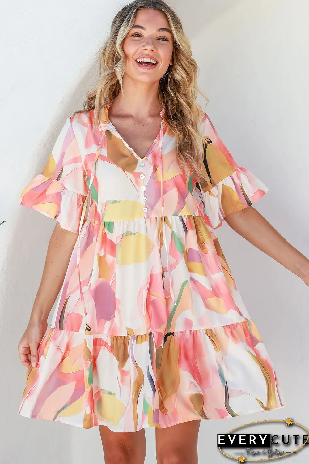 Pink Geometric Print Ruffled Short Sleeve Tied V-Neck Mini Dress