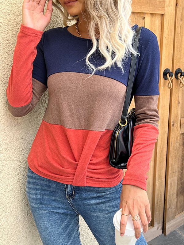 Color Block Round Neck Long Sleeve T-shirts