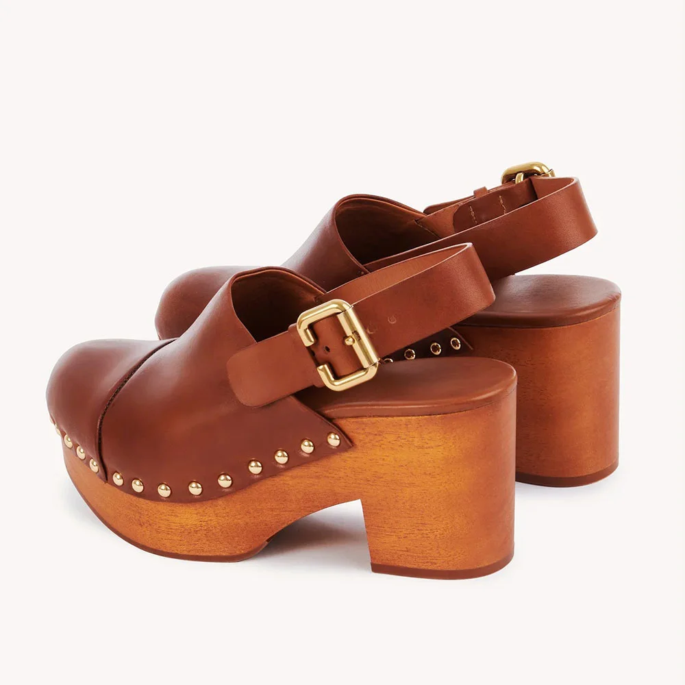 Tan Studded Block Heel Platform Clogs Slingback Pumps for Women