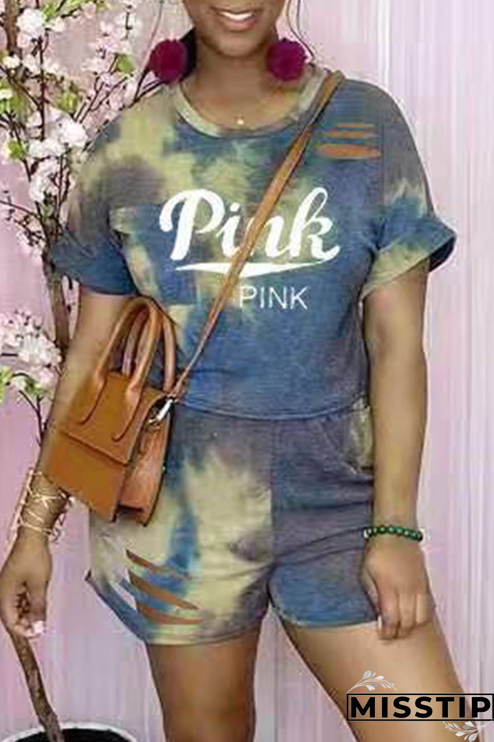 Purple Casual Patchwork Tie-dye O Neck Short Sleeve Two Pieces