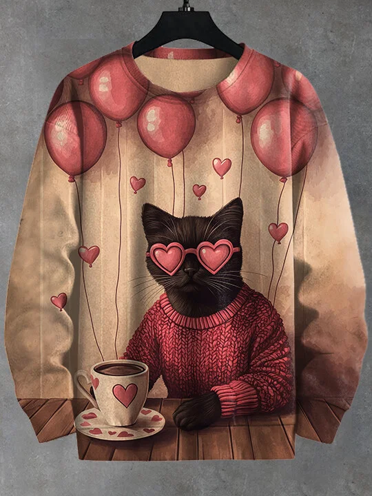 Men's Cat Drinking Coffee Balloon Valentine's Day Atmosphere Art Print Casual Sweatshirt