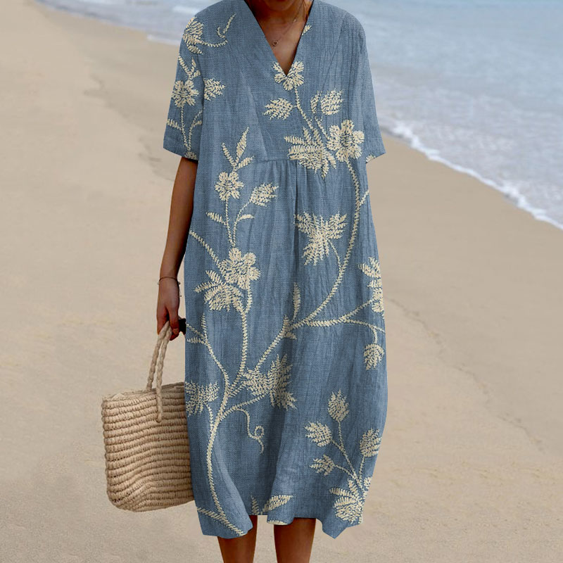 Women's Retro Floral Print Cotton and Linen Dress artswardrobe
