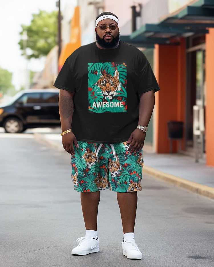 Men's Plus Size Street Awesome Tiger Color Block Graffiti Short Sleeve Shorts Suit